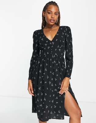 Monki Button Detail Midi Dress In Black Floral Bouquet Print