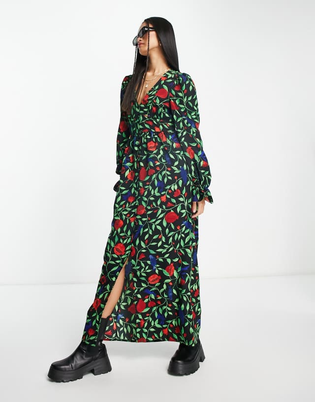 Monki button down v neck long sleeve dress in multi