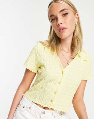 Monki Button Front Blouse With Collar In Yellow | ModeSens