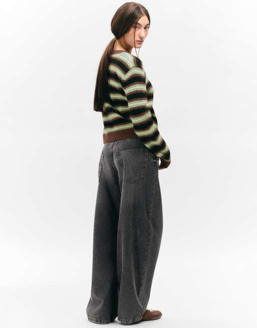 Monki button front cardigan in green stripe, 3 of 3