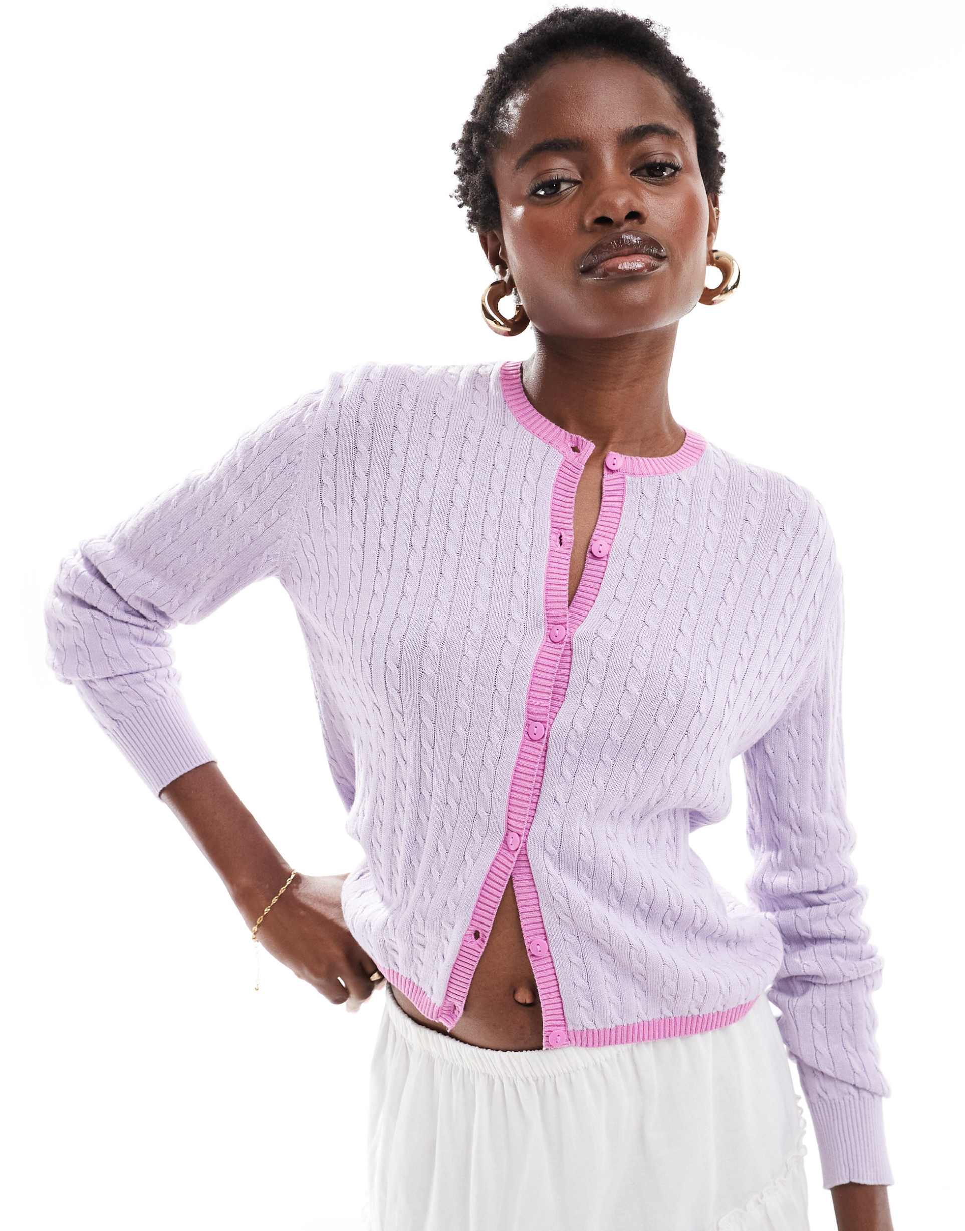 monki button front cardigan in lilac with pink contrast trim
