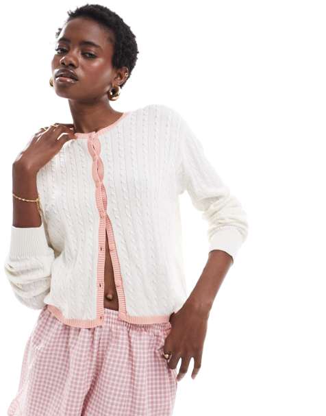 Monki button front cardigan in off white with pink contrast trim - view 1