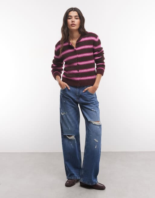 Monki button front compact cardigan in burgundy stripe, 2 of 4