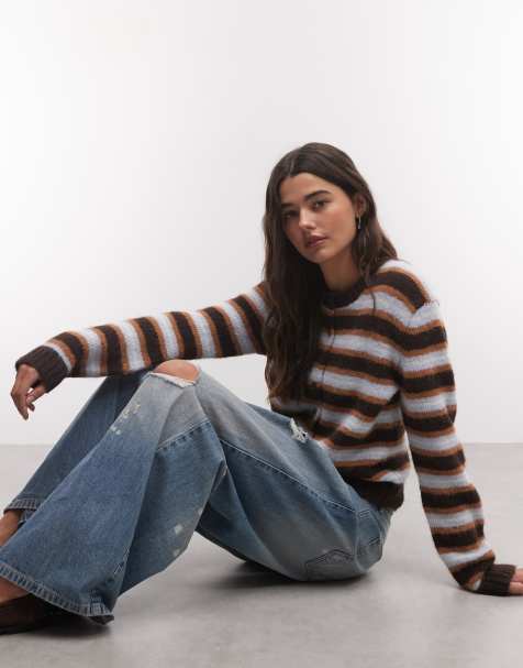 Monki button front compact cardigan in dark brown and blue stripe - view 1