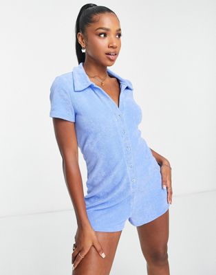 Monki button front romper in terry towelling in blue