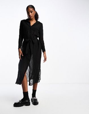 button front shirt dress with tie waist in black