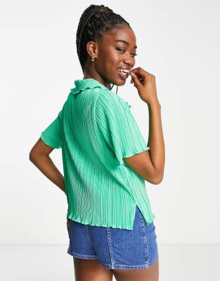 Monki button front shirt in bright green plisse