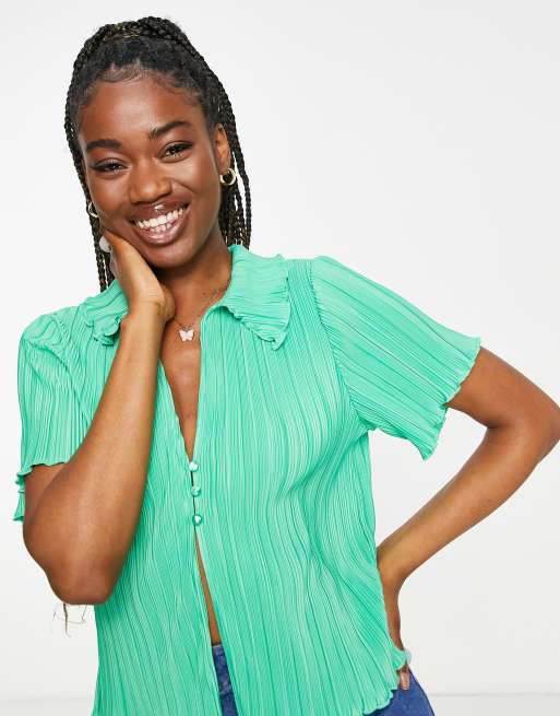 Monki button front shirt in bright green plisse