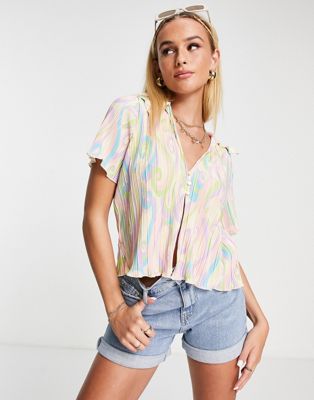 Monki button front shirt in pastel swirl print plisse