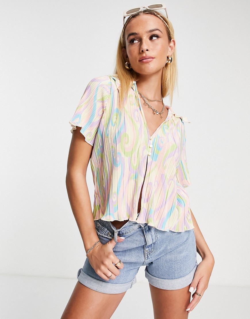 Monki button front shirt in pastel swirl print plisse-Multi