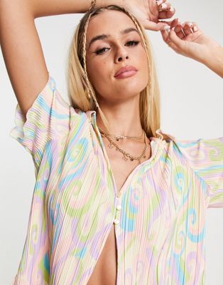 Monki button front shirt in pastel swirl print plisse