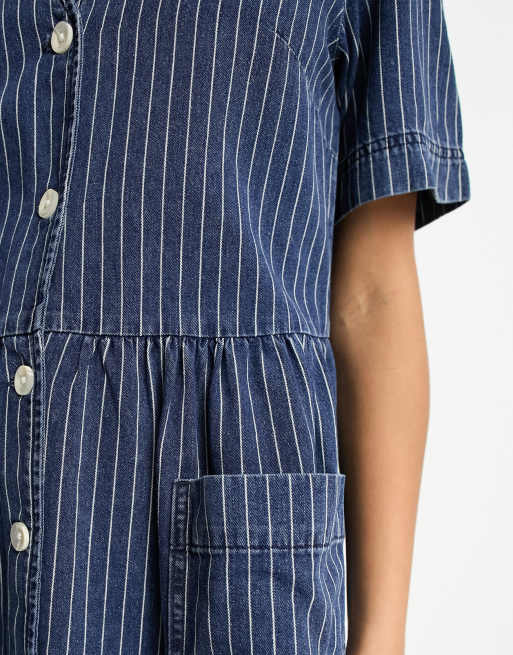 Monki button through denim midi dress in blue with white stripes | ASOS