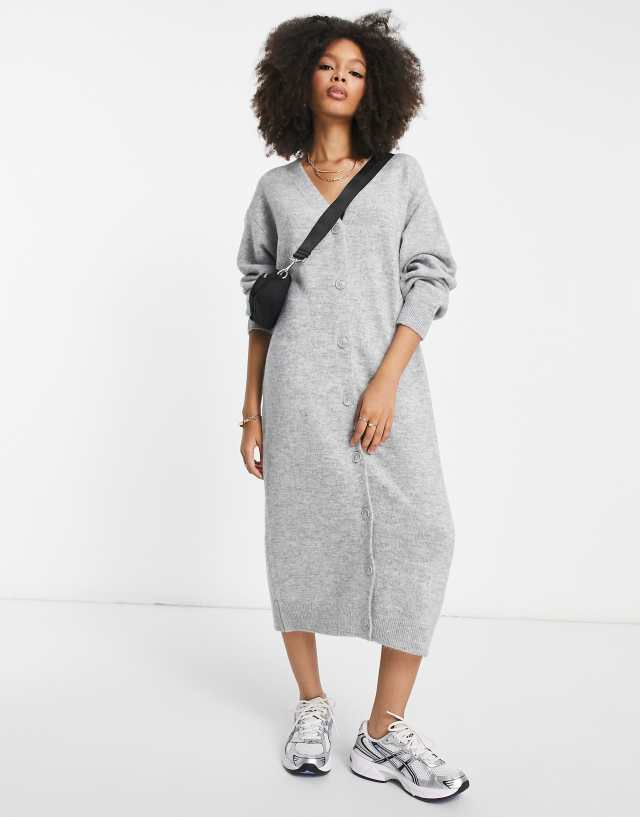 Monki button through knitted midi dress in gray melange