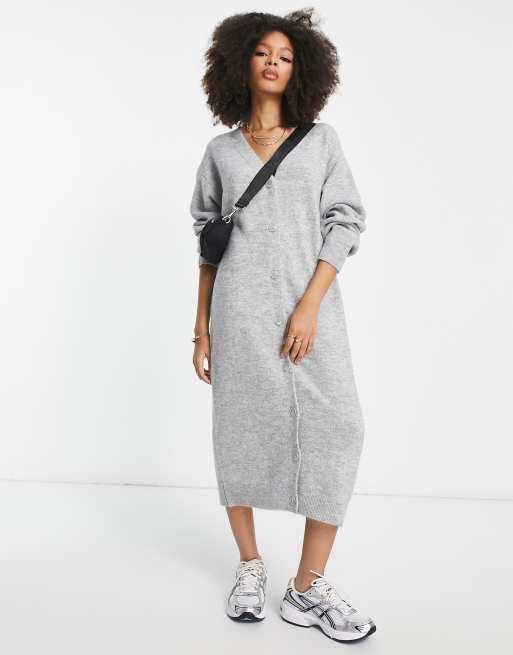 Monki button through knitted midi dress in grey melange