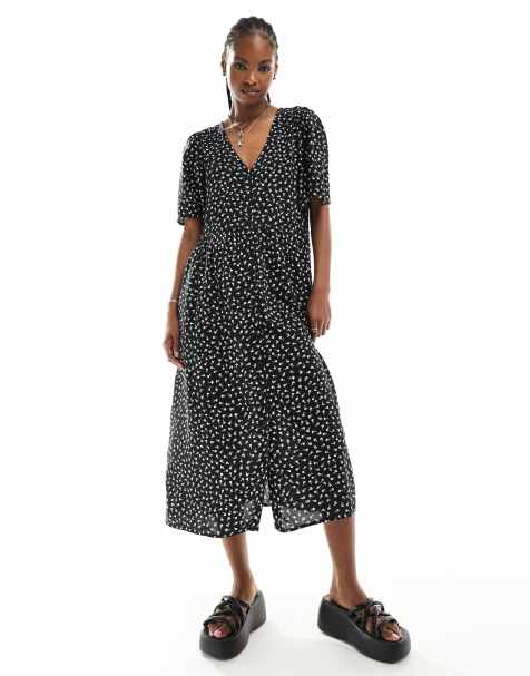 Monki button through midi dress in black ditsy print exclusive to ASOS - view 1