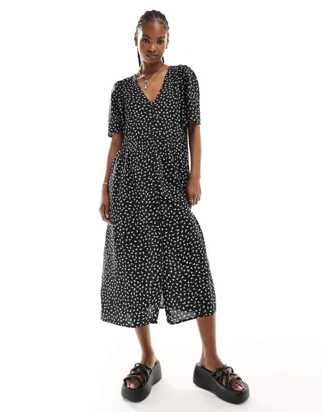 Monki - button through midi dress in black ditsy print exclusive to asos