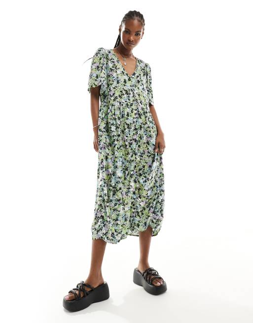  Monki button through midi dress in floral print exclusive to ASOS