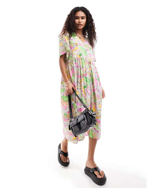Monki button through midi dress in fruit motif print