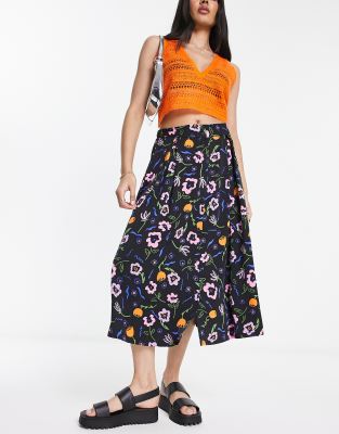 Monki button through midi skirt in black floral print - ASOS Price Checker