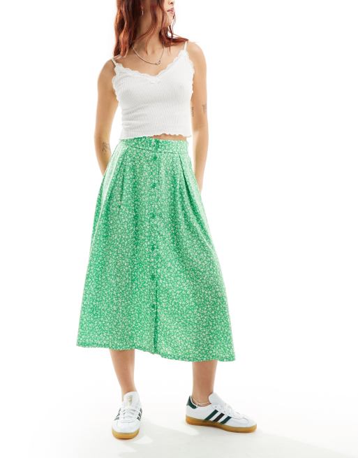 Monki button through midi skirt in green meadow floral