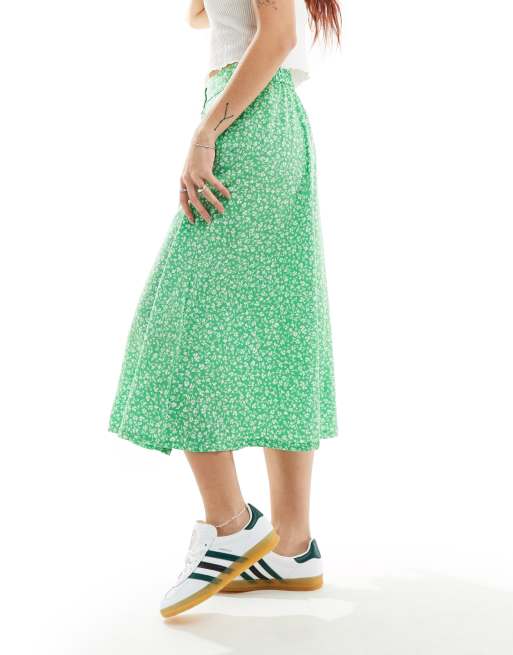 Monki button through midi skirt in green meadow floral ASOS