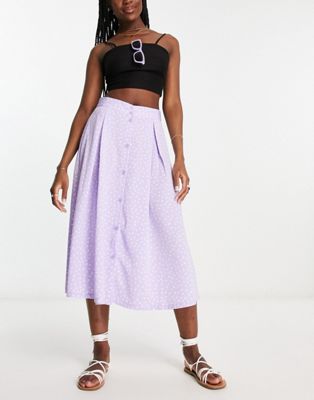 Monki button through midi skirt in lilac ditsy