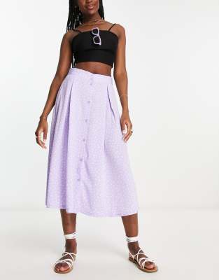 button through midi skirt in lilac ditsy-Purple