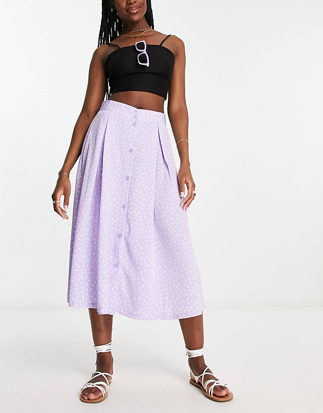 Monki - button through midi skirt in lilac ditsy