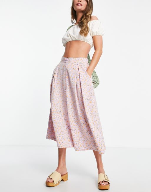 Monki button through midi skirt in lilac floral print | ASOS