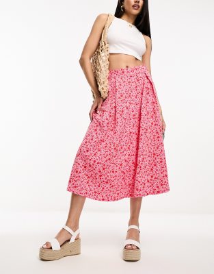 button through midi skirt in pink ditsy floral print-Multi