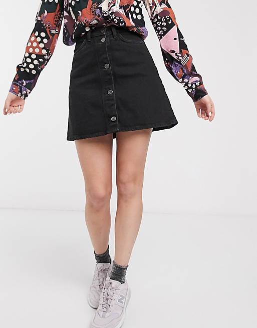 Monki button through mini denim skirt in black
