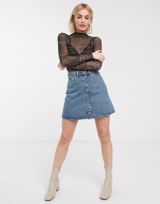 Monki button through mini denim skirt in blue