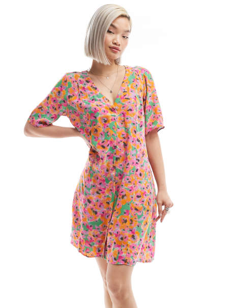 Monki button through mini dress in abstract floral print - view 1