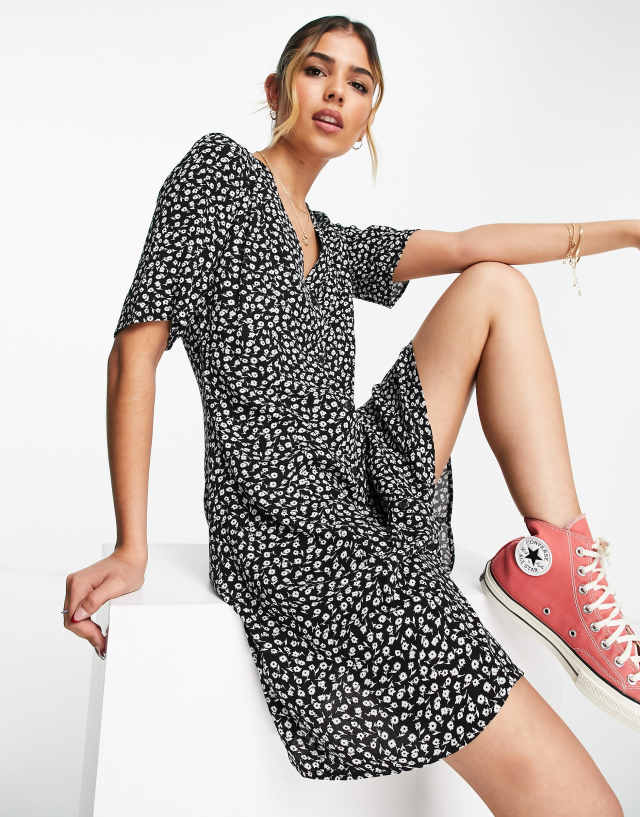 Monki button through mini dress in black ditsy floral