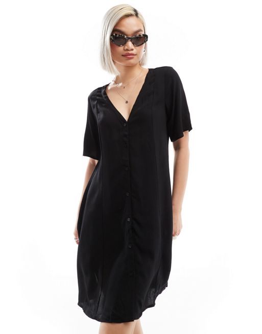 Monki button through mini dress in black