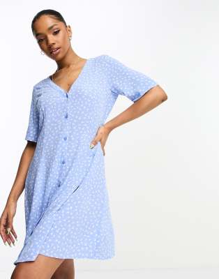 Monki Button Through Mini Dress In Blue Ditsy Print