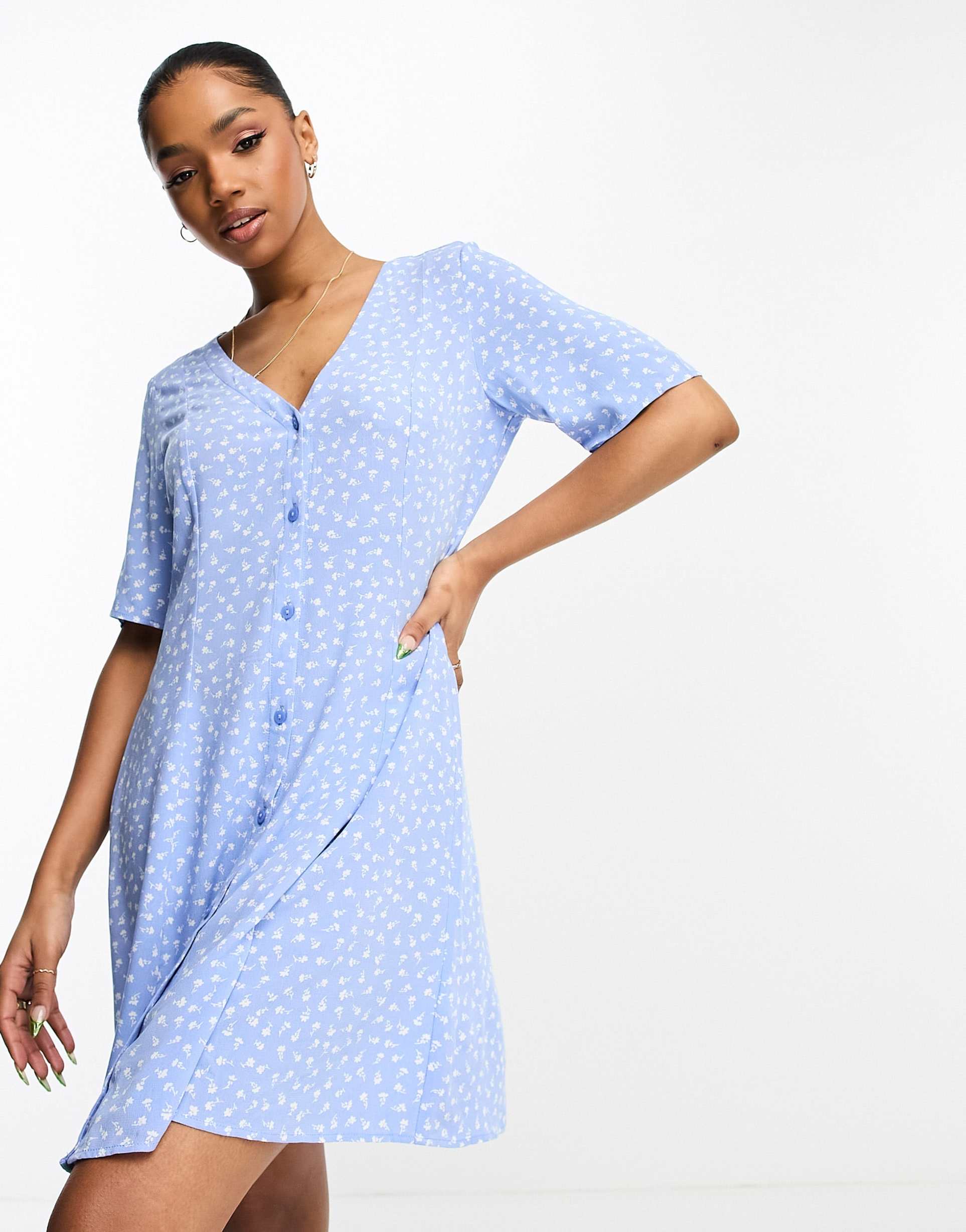 monki button through mini dress in blue ditsy print
