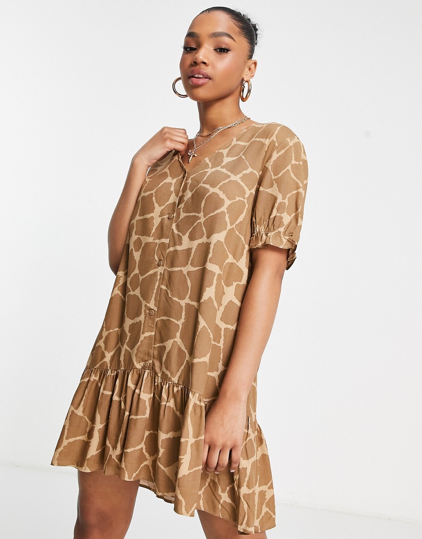 Monki button through mini dress in brown giraffe print-Multi