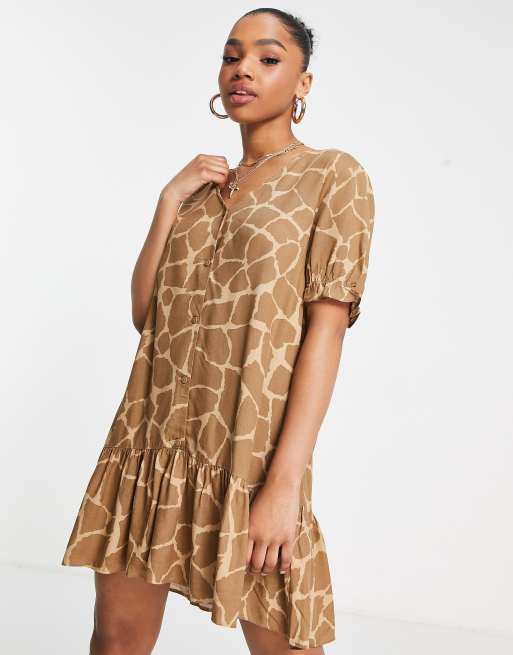 Monki button through mini dress in brown giraffe print