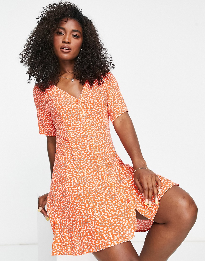 Monki button through mini dress in ditsy floral-Red