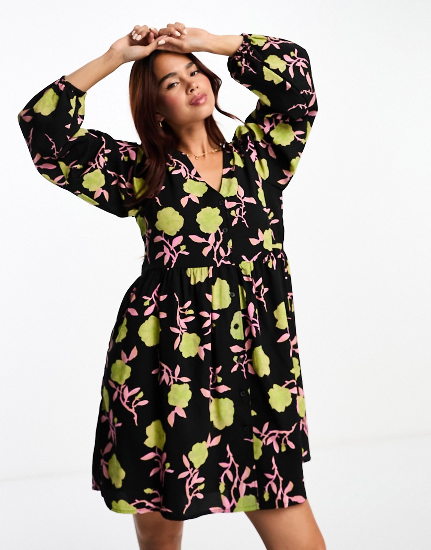 Monki button through mini dress with puff sleeves in black rose print