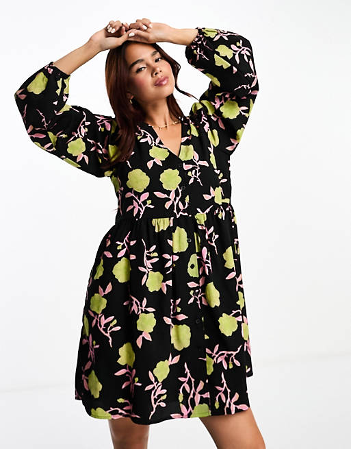 Monki button through mini dress with puff sleeves in black rose print ...