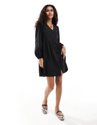 Monki button through mini dress with puff sleeves in black