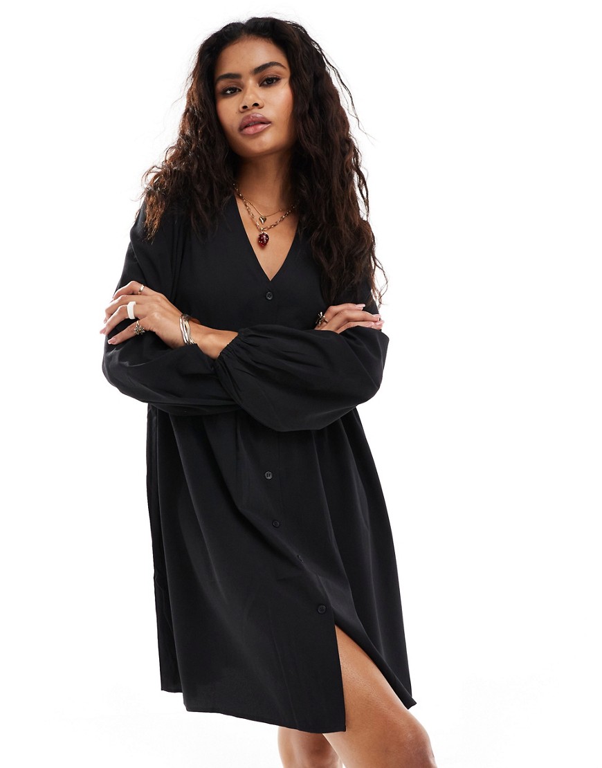 Monki button through mini dress with puff sleeves in black