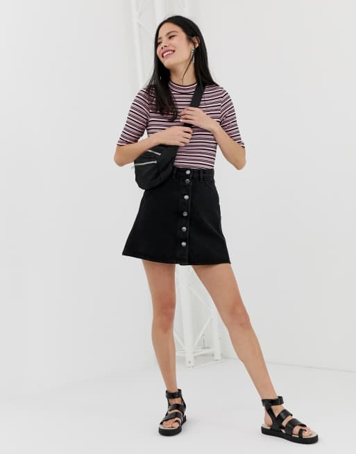 Monki button up a line skirt in black