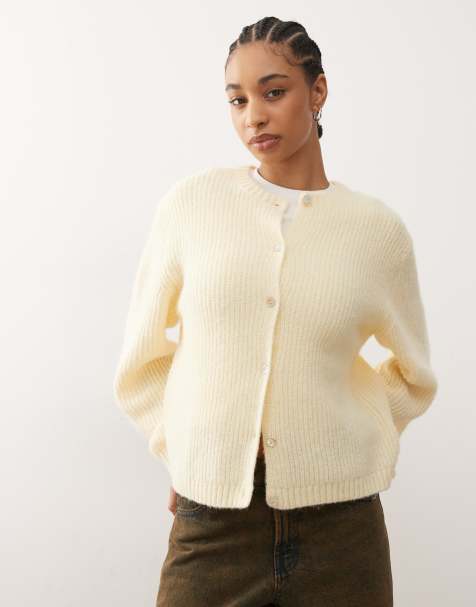 Monki button up knitted cardigan in lemon - view 1