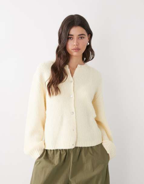Monki button up knitted cardigan in lemon