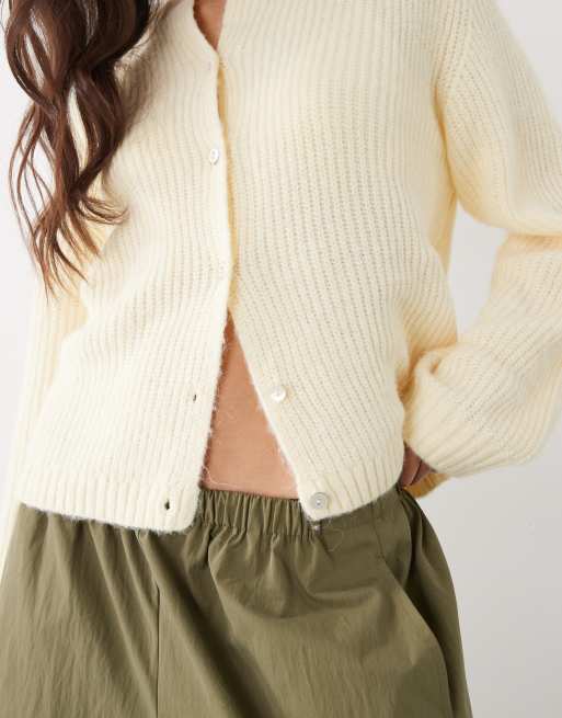 Monki button up knitted cardigan in lemon, 3 of 4