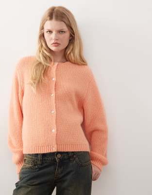 Monki Monki button up knitted cardigan in peachy orange