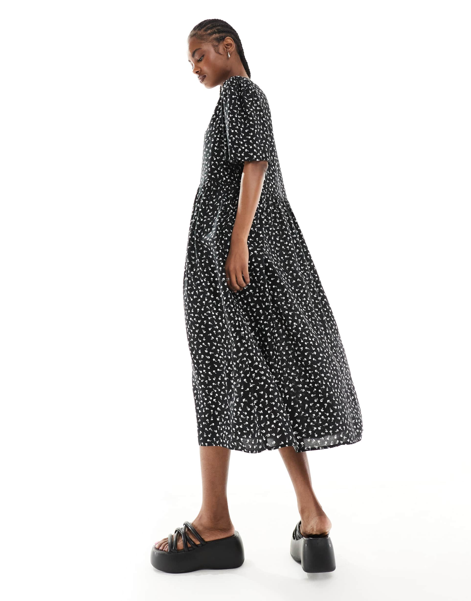 monki button up midi dress in black ditsy print exclusive to asos